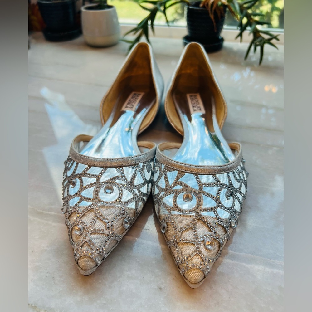 BADGLEY MISCHKA Silver Embellished Pointed Rhinestone Flats Size 8 Dress Shoes